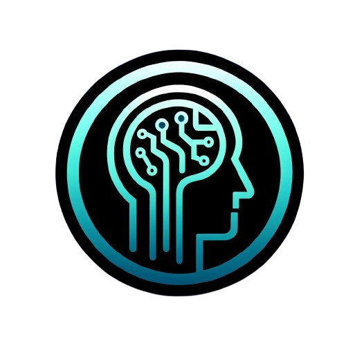 Centered Logo, human head outline with neural network like brain. Teal on black with light highligts.